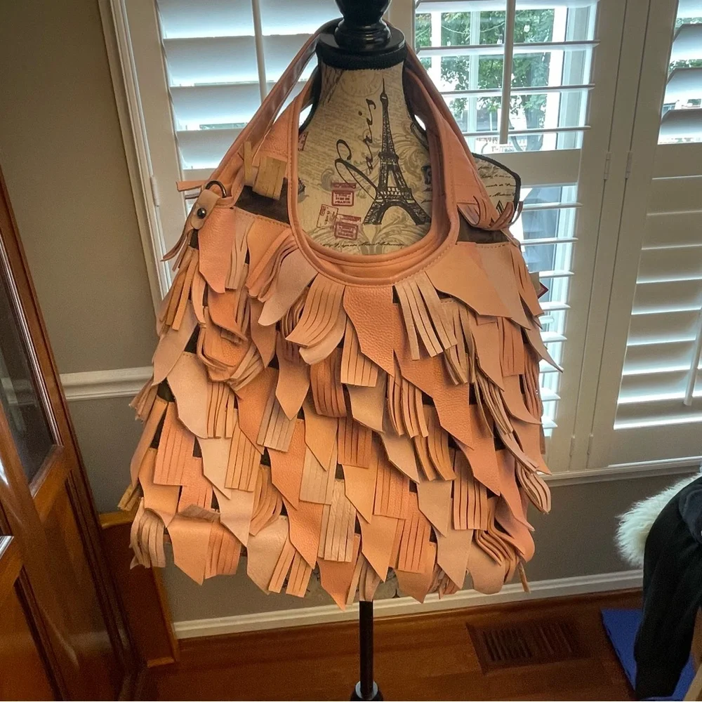 Chaos by Elsie Pink Leather Fringe Shoulder Hobo Bag